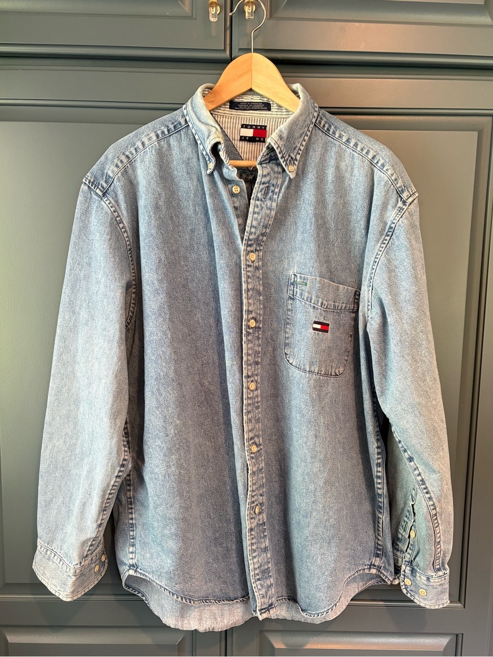 Vintage 90s Tommy Jeans Denim Shirt Mens XL Hilfiger Flag Logo Button Front